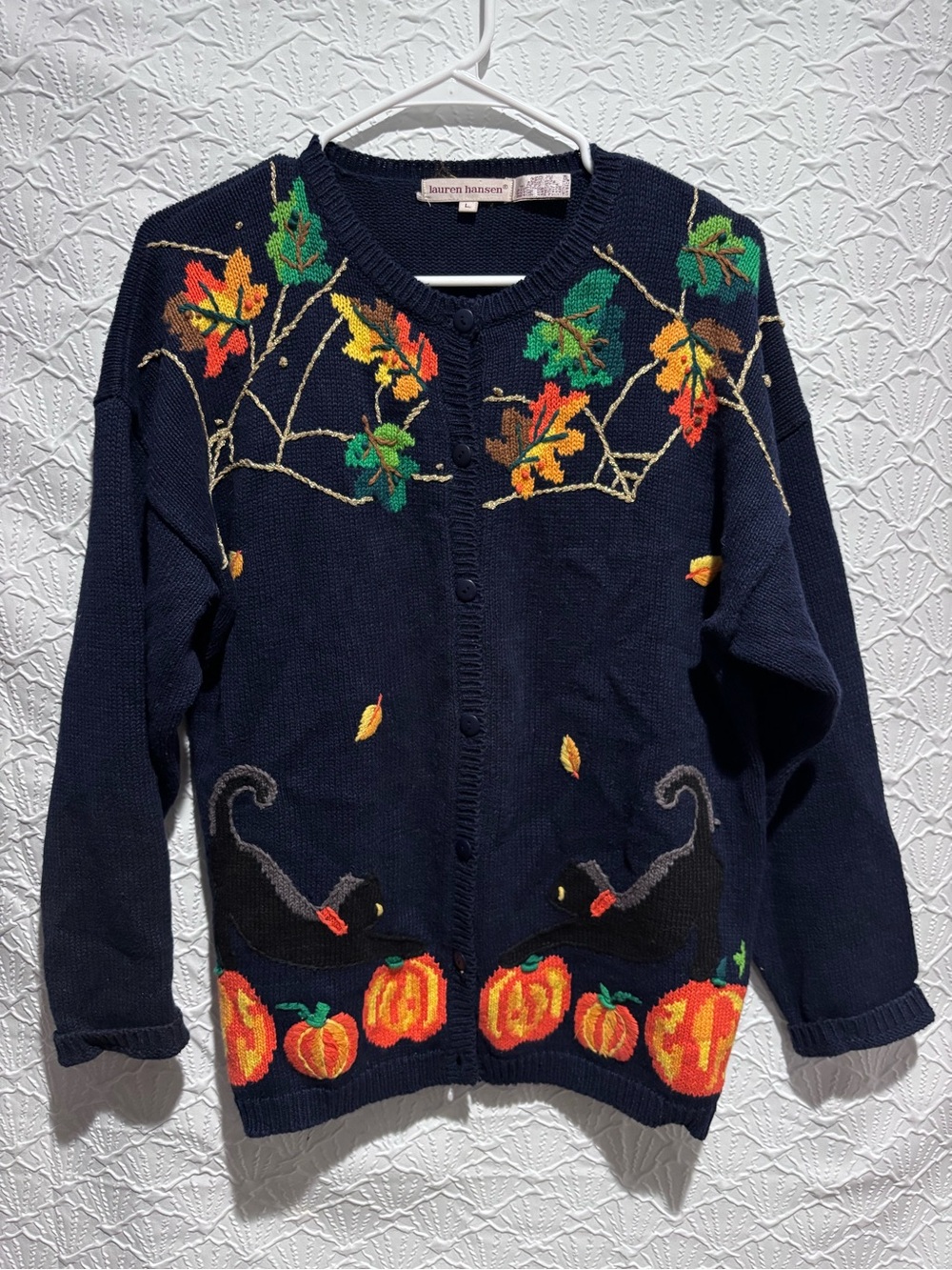 Vintage Lauren Hansen Halloween Cardigan L Black Cat Pumpkin Ghost Owl 90s